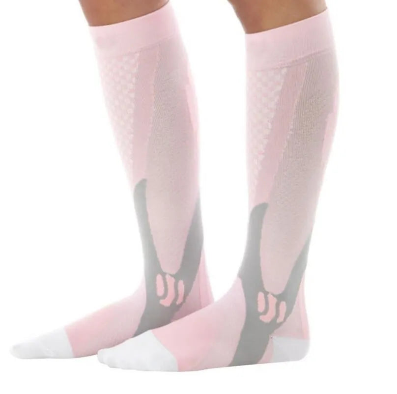 Graduated compression socks for men and women in black, shown in S/M, L/XL, and XXL sizes.