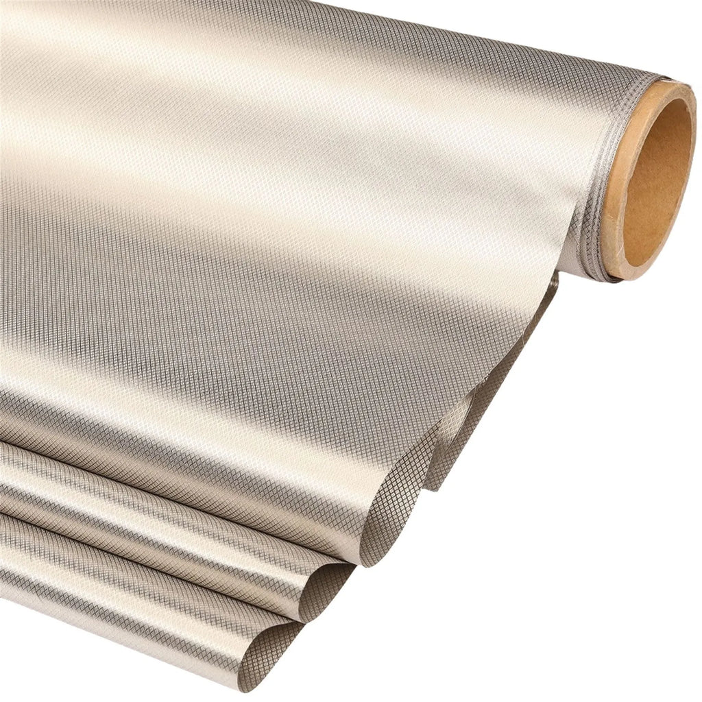 Grey diamond lattice pattern signal shielding fabric with copper and nickel weave.