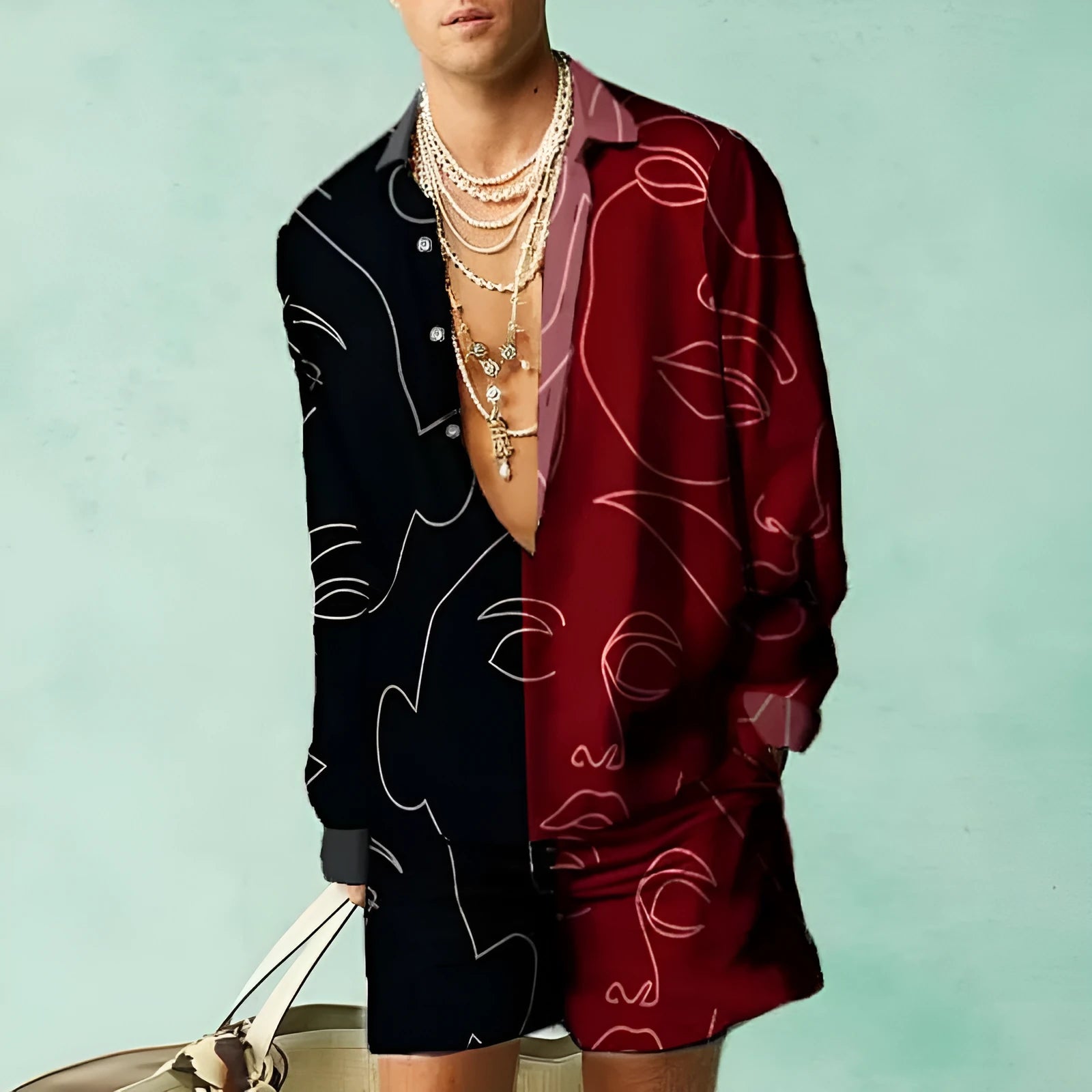 Man wearing a slim-fit long sleeve shirt and matching shorts from a casual summer polyester set.