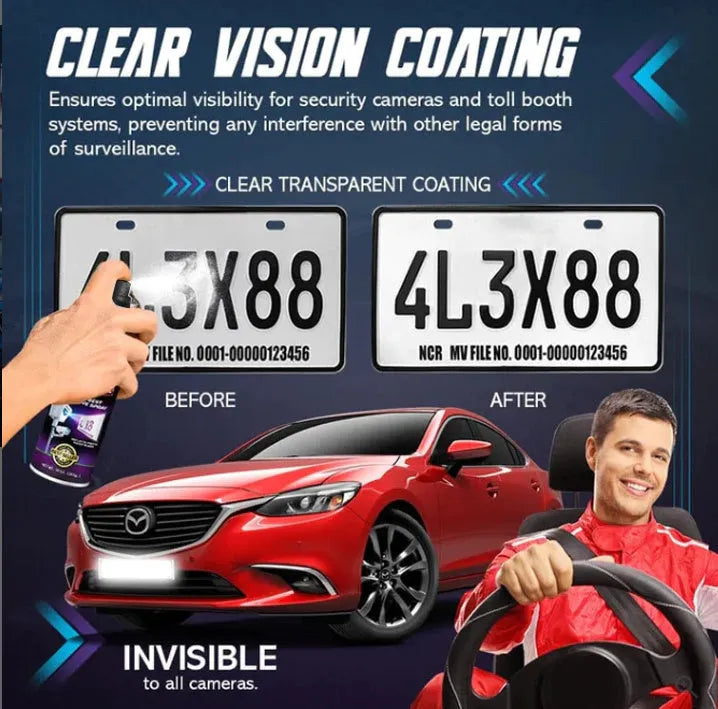 Invisible license plate spray clear coat 30ml PET bottle with label and spray nozzle on a white background