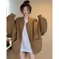 Brown retro pilot jacket top for women with stand collar and long sleeves, 100% polyester fiber, sizes S to 2XL