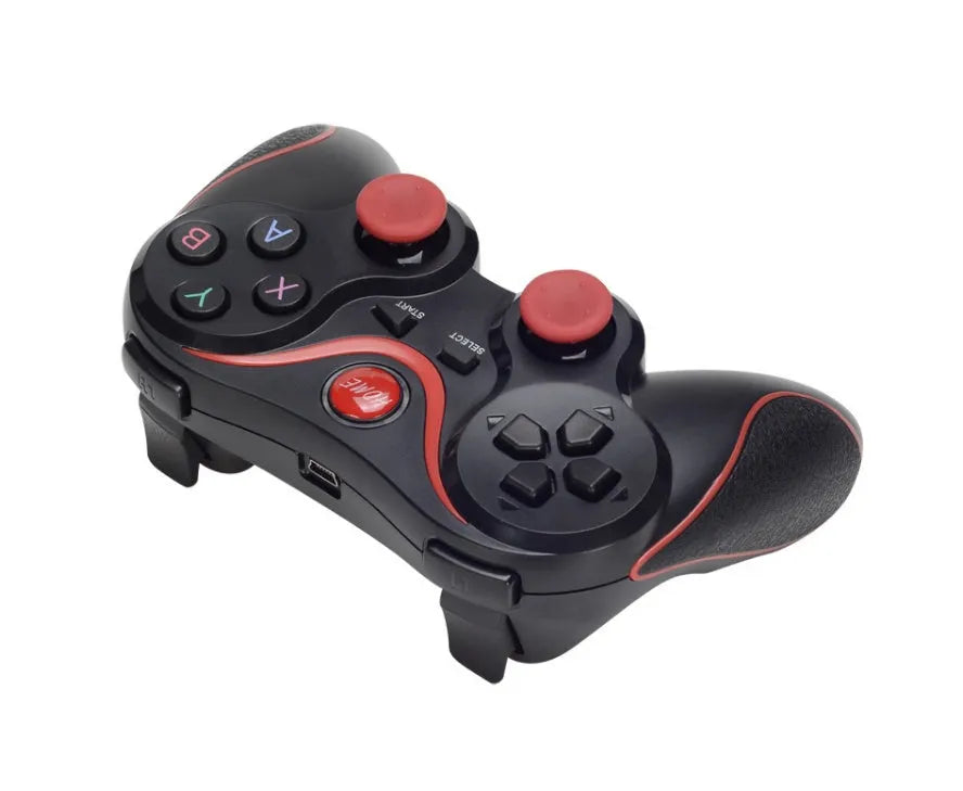 Upgraded X3 black Bluetooth wireless game controller for Android phones with attached phone clip.