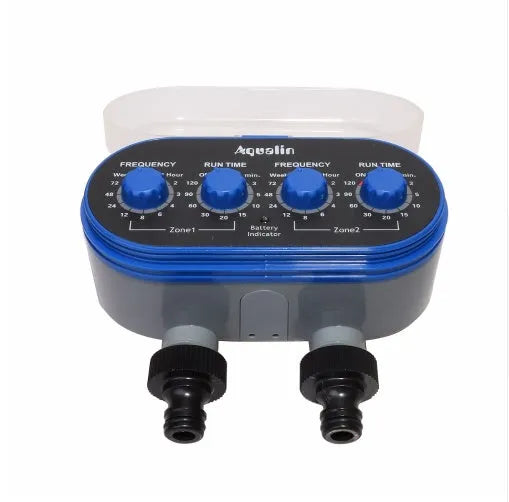 Dual timed irrigation controller for automatic garden watering with battery compartment and hose connections
