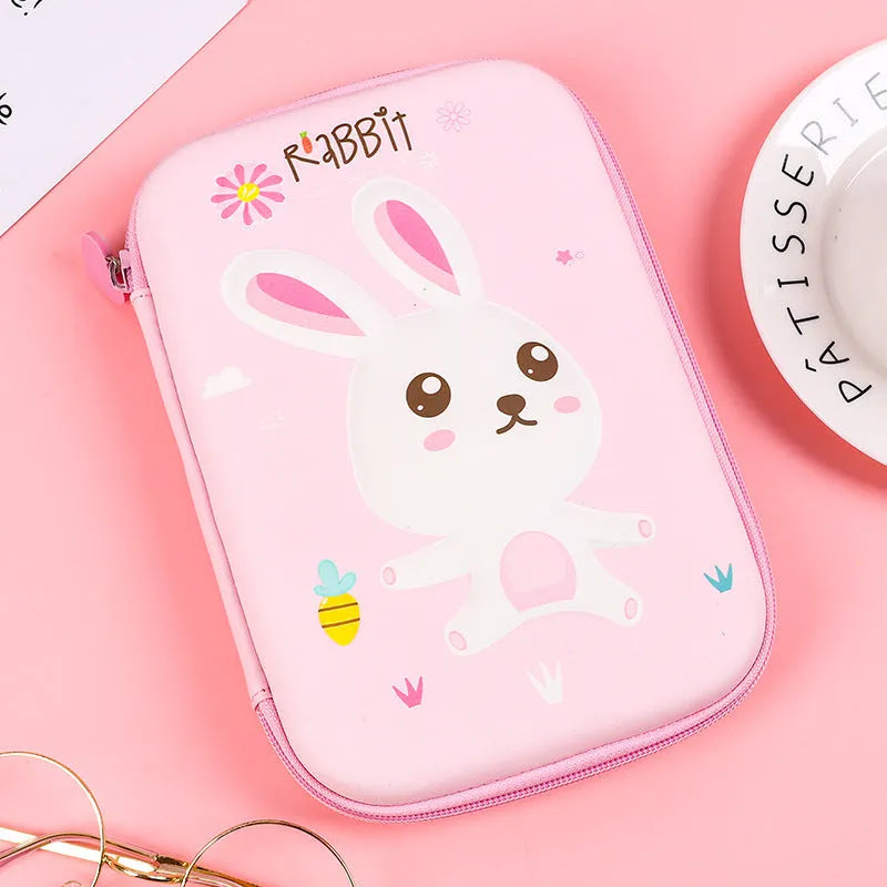 Canvas square pencil case with large capacity, showing cartoon anime print options of rabbit, dinosaur, and moon cat.