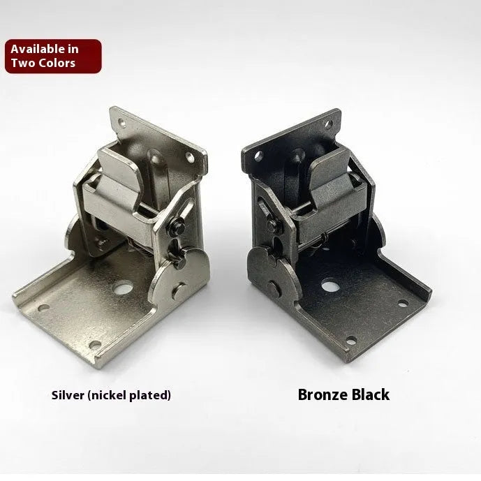 Folding furniture hinge with self-locking mechanism in multiple electroplated finishes including black bronze and matte black.