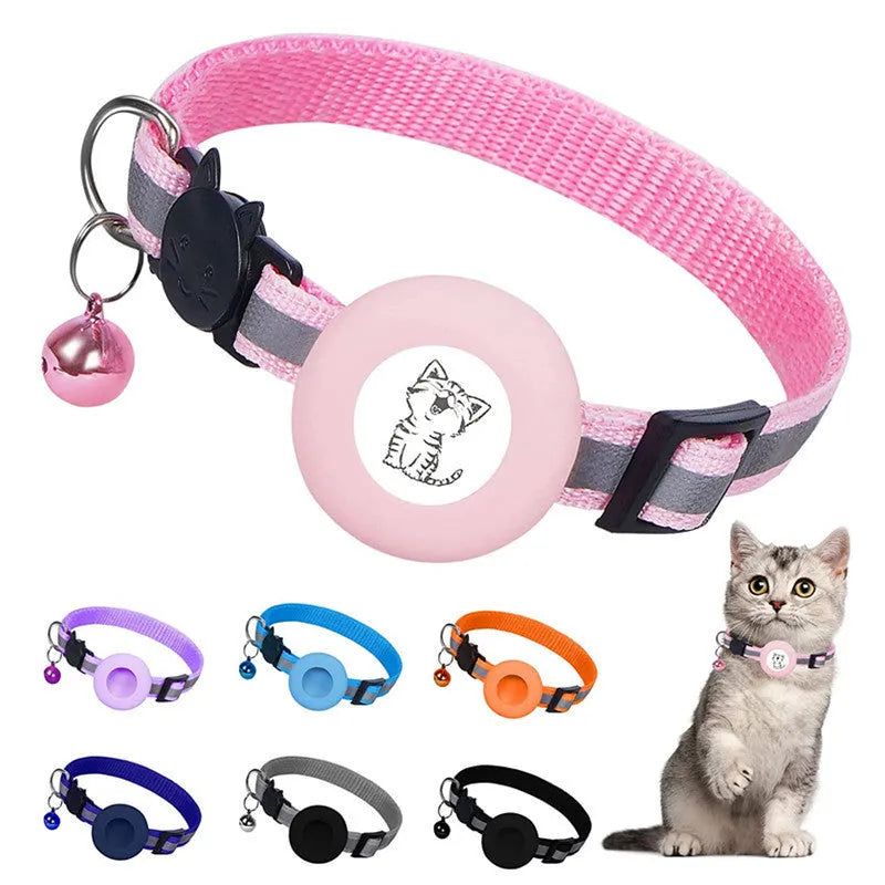 Striped polyester AirTag pet collar with reflective stripes and bell in black, orange, sky blue, pink, dark blue or purple