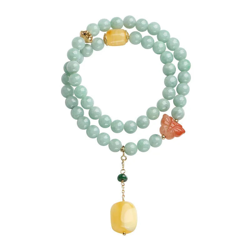 Double-layer women's bracelet with green jade round beads and beeswax barrel beads in retro design