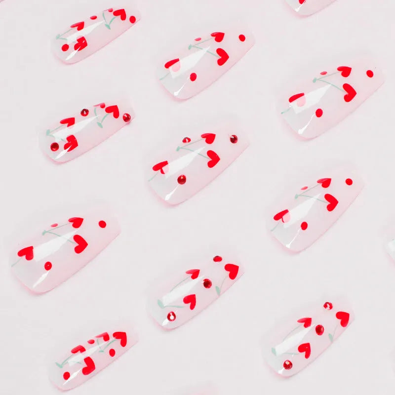 JP1601 style French Love red diamond and small cherry self-adhesive nail art charms, 24 pieces.