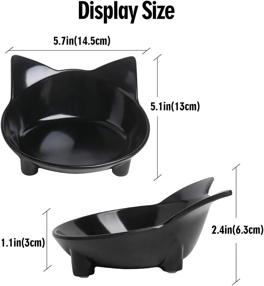 Black and white shallow melamine cat bowls with non-slip rubber bases