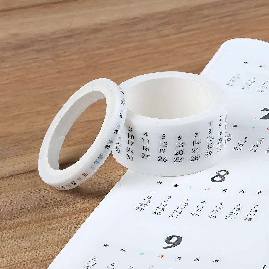 Two rolls of digital hand account tape: one 2cm wide calendar tape and one 0.5cm wide weekly tape, each 7 metres long, on a white background