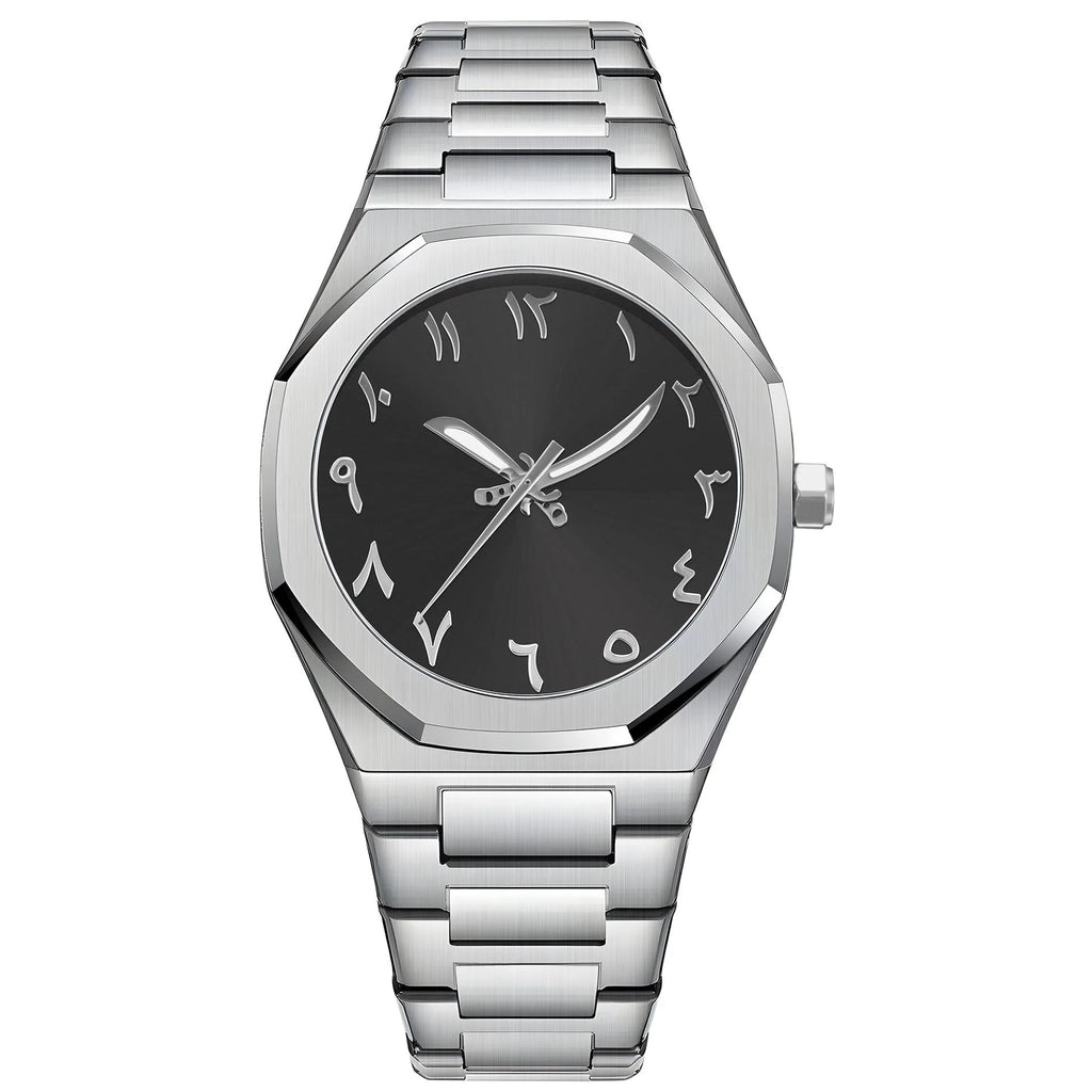 Business casual men's quartz watch with a steel belt on a wrist, showing dial colour options of black, black with silver scale, or silver with black accents.