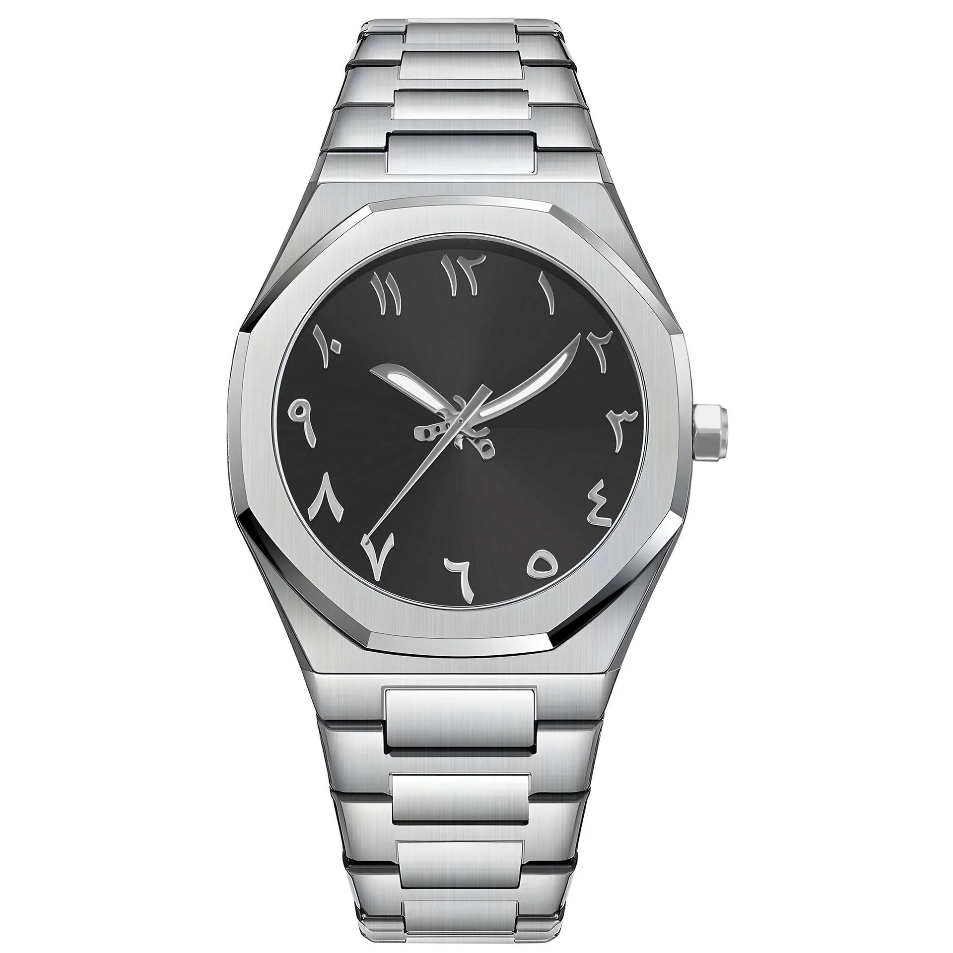 Business casual men's quartz watch with a steel belt on a wrist, showing dial colour options of black, black with silver scale, or silver with black accents.