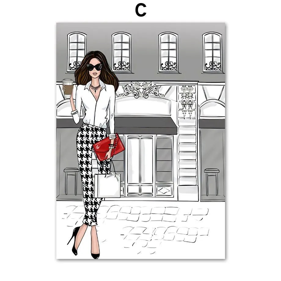 Fashion bag girl with balloons and champagne cartoon anime canvas print wall art