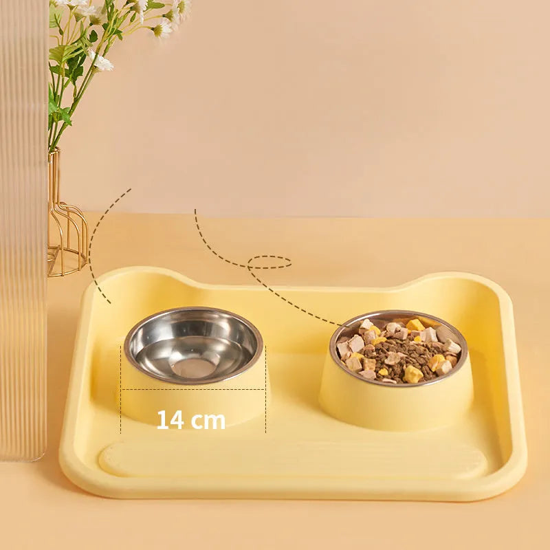 Stainless steel tilted double bowl pet food utensils in Gray, Green, and Yellow colours