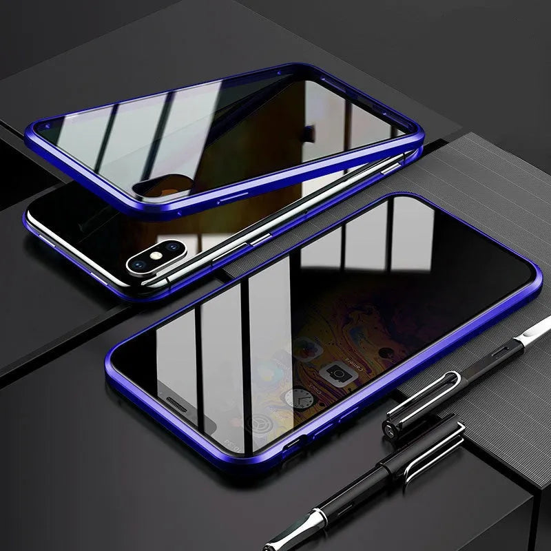 Black double-sided tempered glass magnetic clamshell case for iPhone shown open and closed.