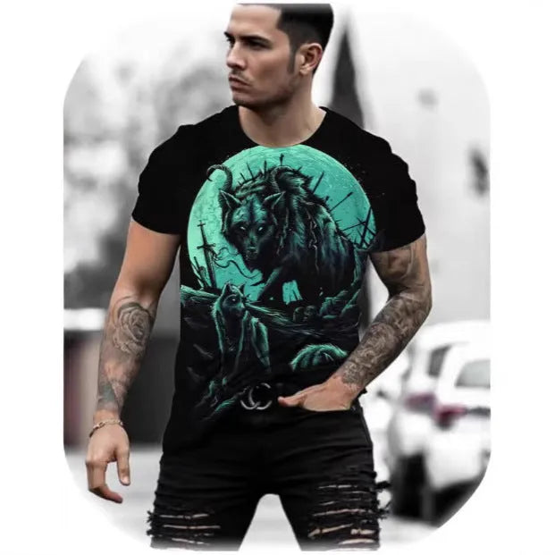 Men's grey short-sleeved T-shirt with a colourful retro 3D digital print of a wild animal on the front.