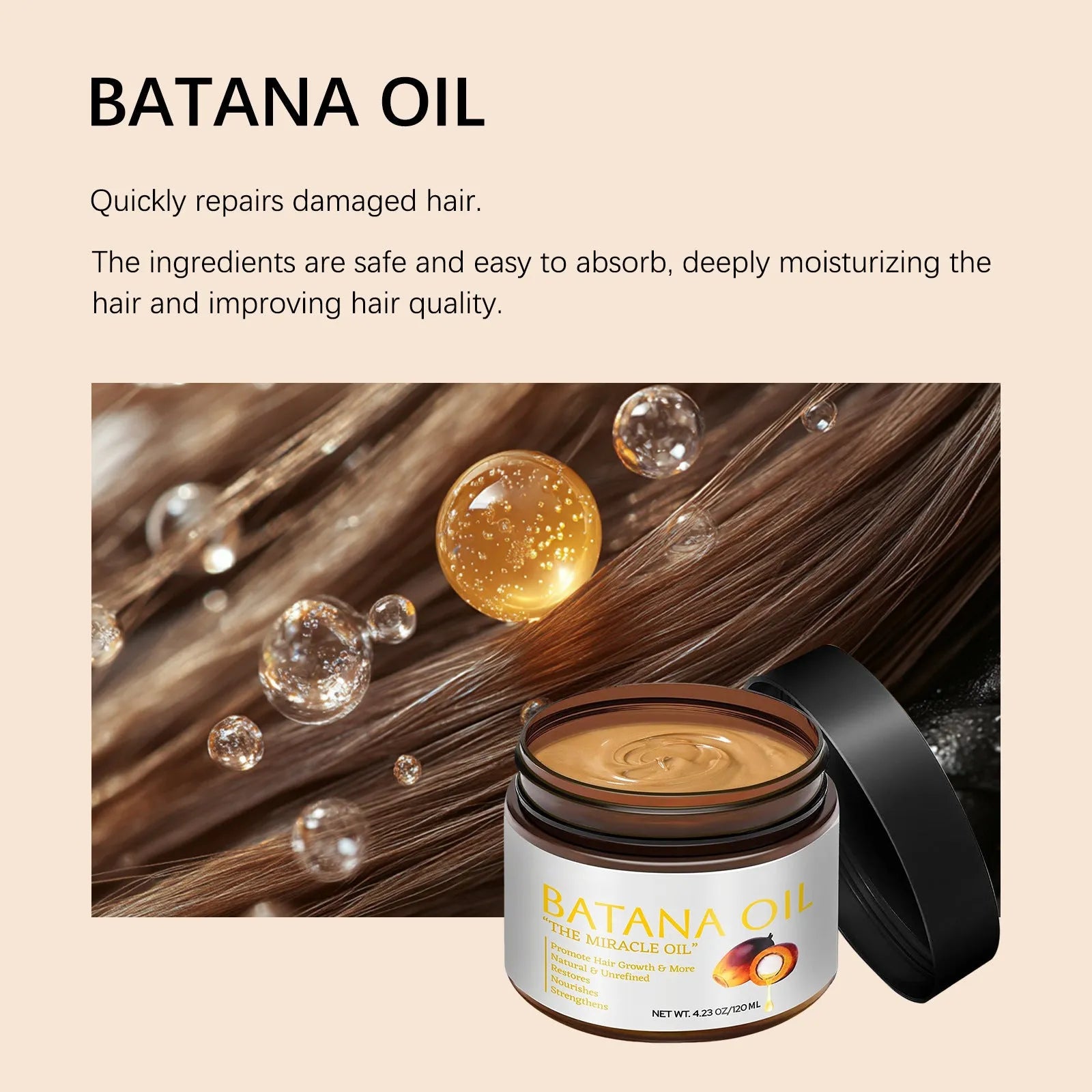 Batana Hair Mask jar with herbal fragrance for frizzy hair treatment, 120ML net content