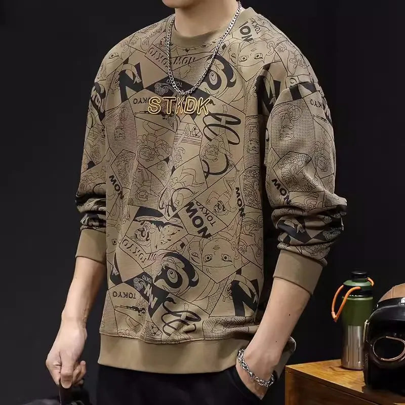 Men's round neck print sweatshirt in brown, loose fit, long sleeves, wool lining, plus size