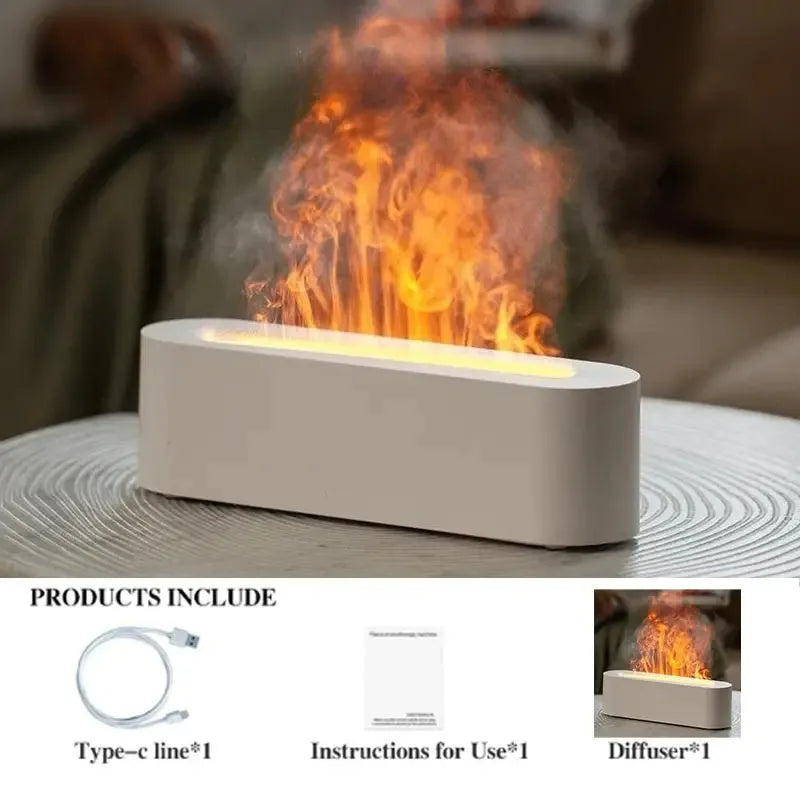 White square plastic flame aroma diffuser humidifier with LED lights and water vapour mist.