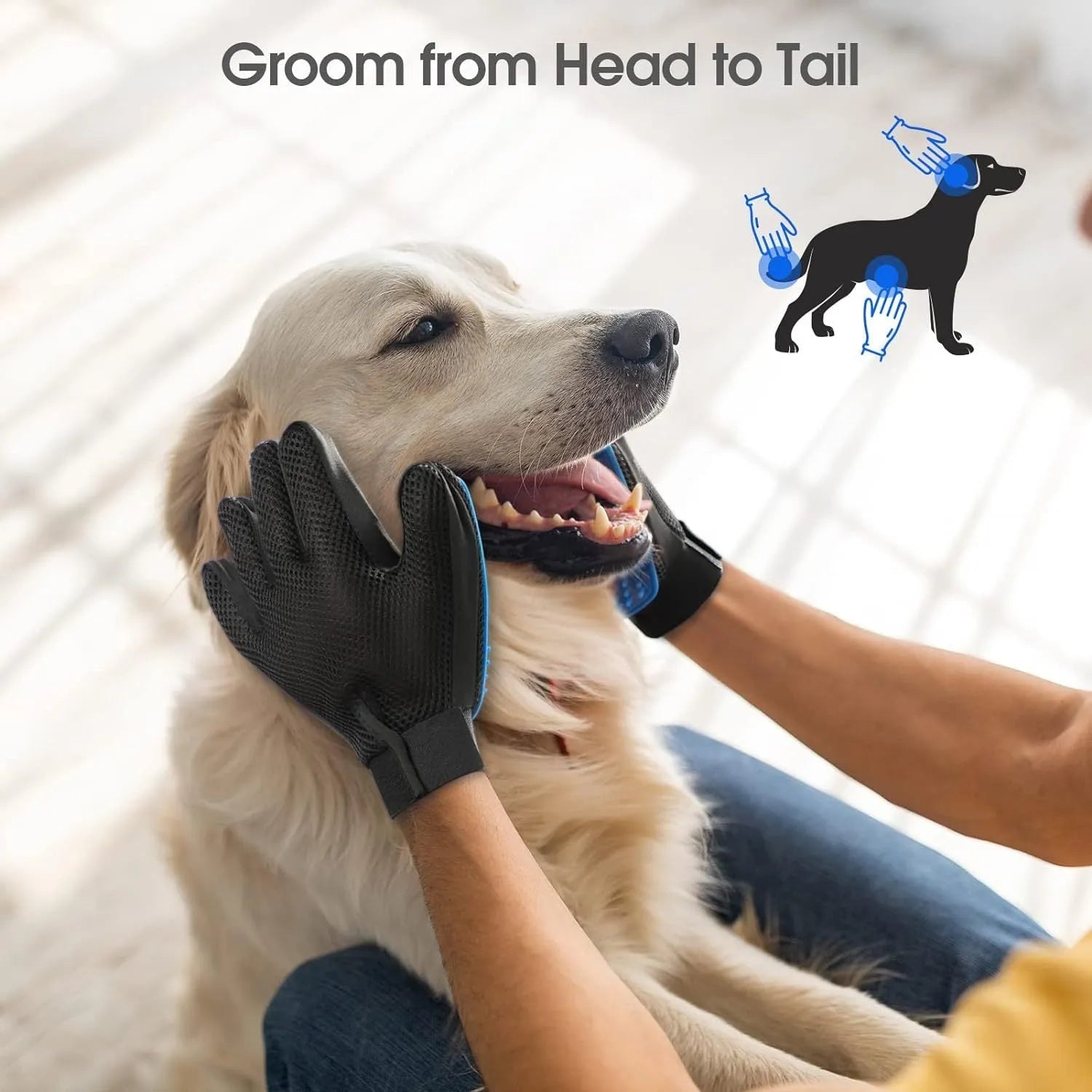 Blue pet grooming gloves with silicone grooming tips for dogs and cats