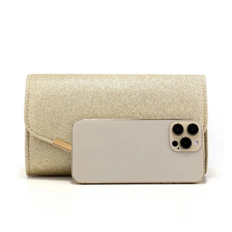 Frosted sequin light luxury dinner bag with metal decoration in black, horizontal square shape