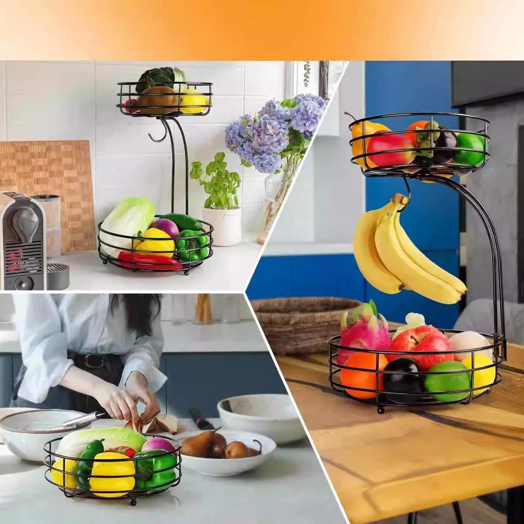 Black and gold double-layer wrought iron fruit storage basket with two tiers.