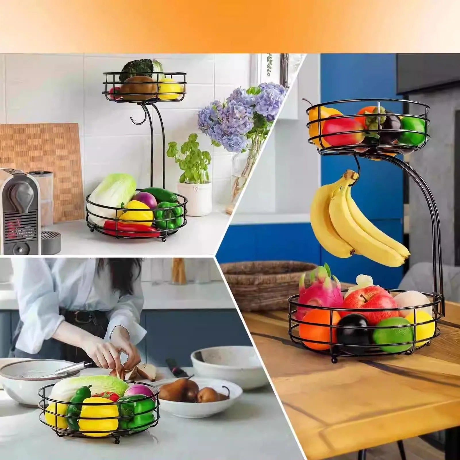 Black and gold double-layer wrought iron fruit storage basket with two tiers.