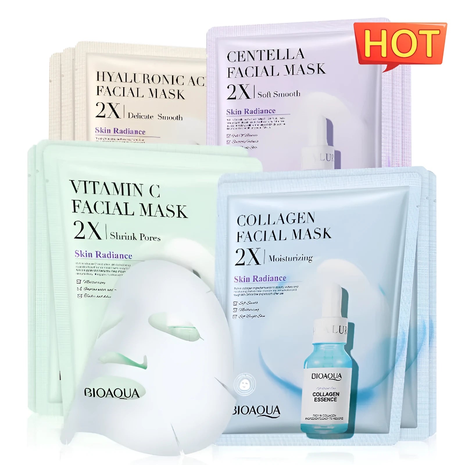 Set of collagen, hyaluronic acid, vitamin C and Centella Asiatica gel face sheet masks in 30g sachets.