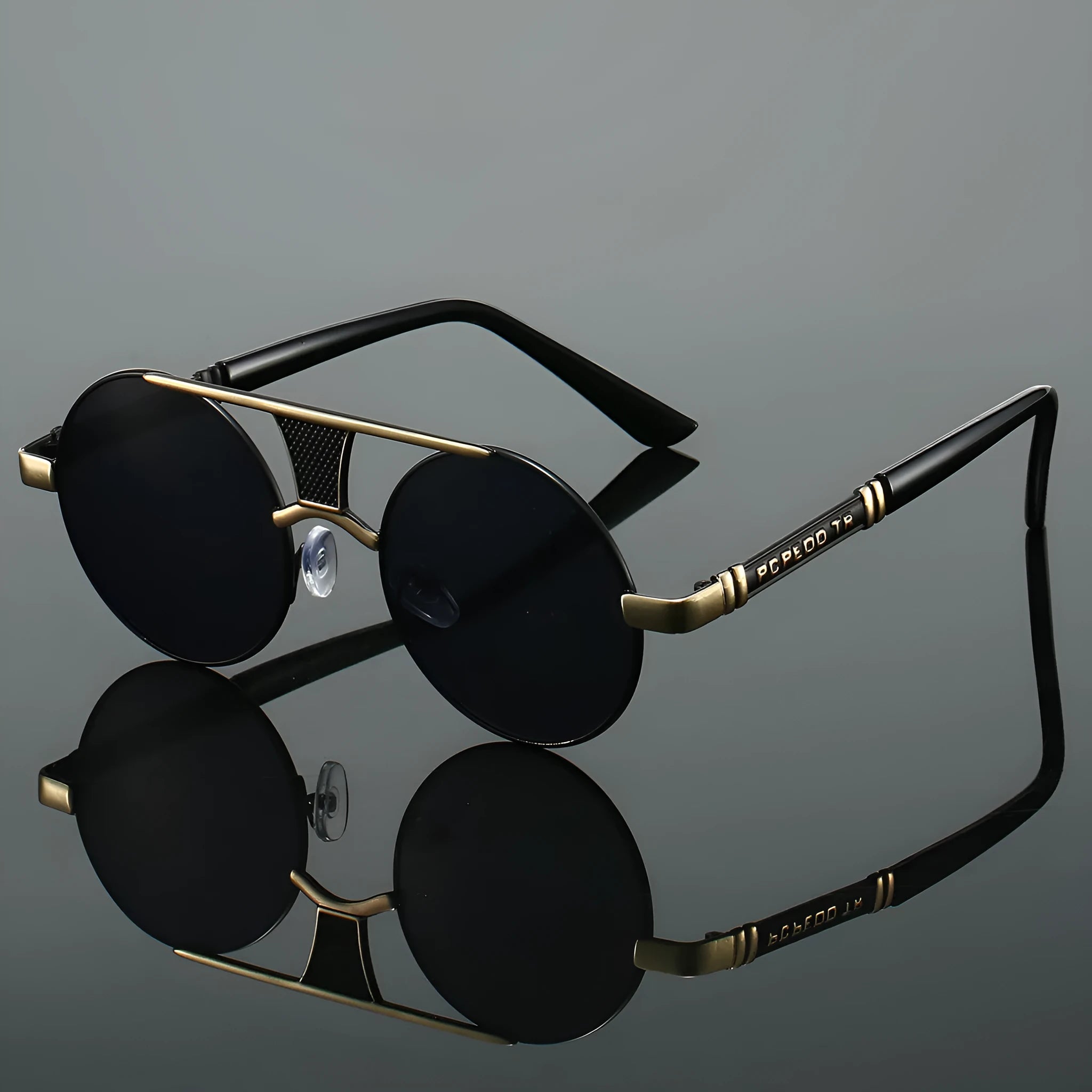 Men's double beam round frame sunglasses with PC lenses in black frame black colour variant