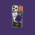Creative text phone case for iPhone with hard back and electroplated lens ring in grey stone island label colour