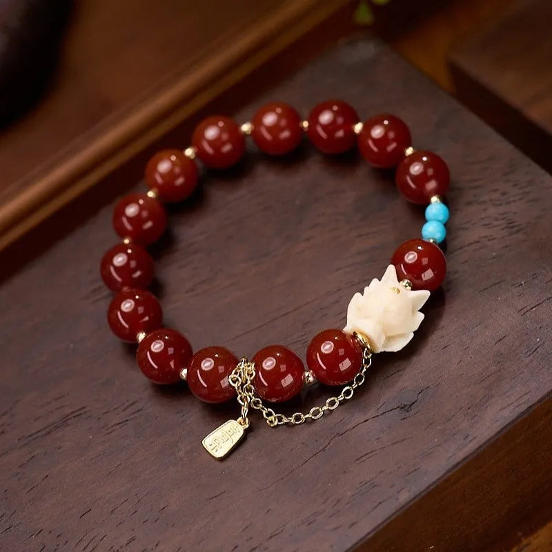 10mm red agate ivory nut round bead bracelet with Phoenix Nine zodiac animal design, retro women's jewellery