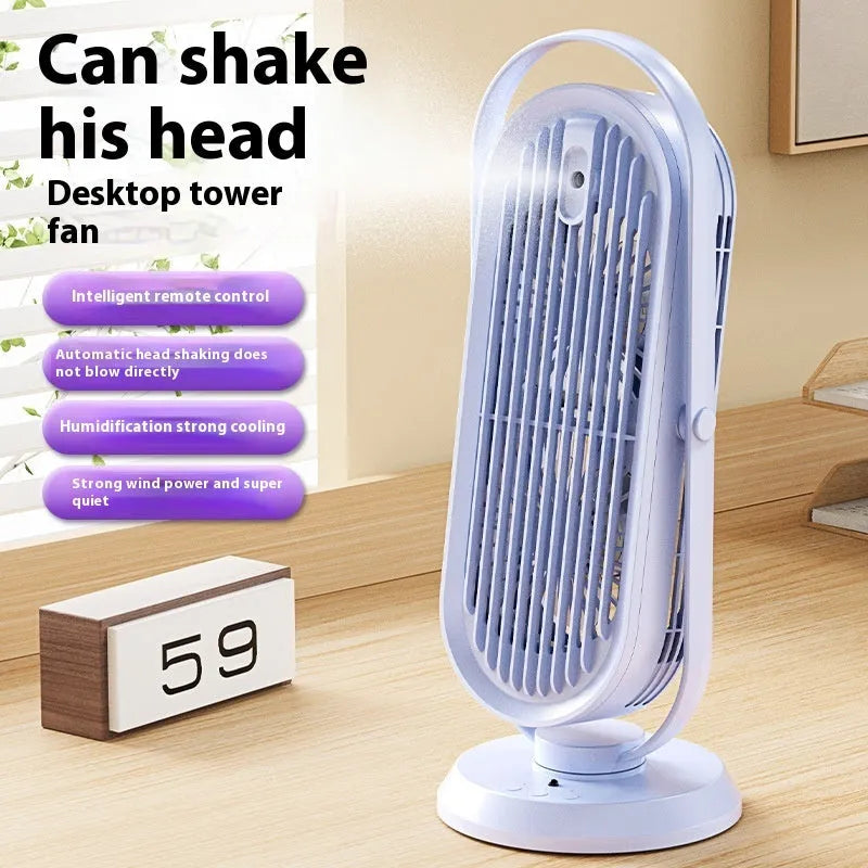 USB tower fan with humidification function in white, light blue or dark blue with remote control