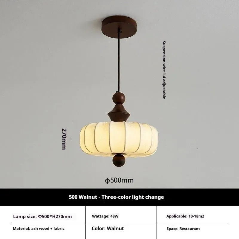 Mid-ancient French retro fabric ceiling lamp with ash wood frame in walnut colour on a ceiling