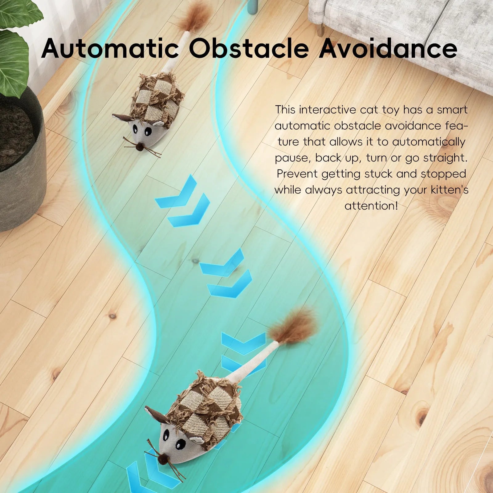 Blue electronic moving mouse cat toy with feather attachment showing 18cm size