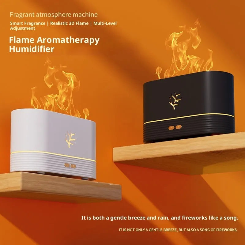 Square plastic USB aroma diffuser with 3D simulation flame effect and ambience light in white
