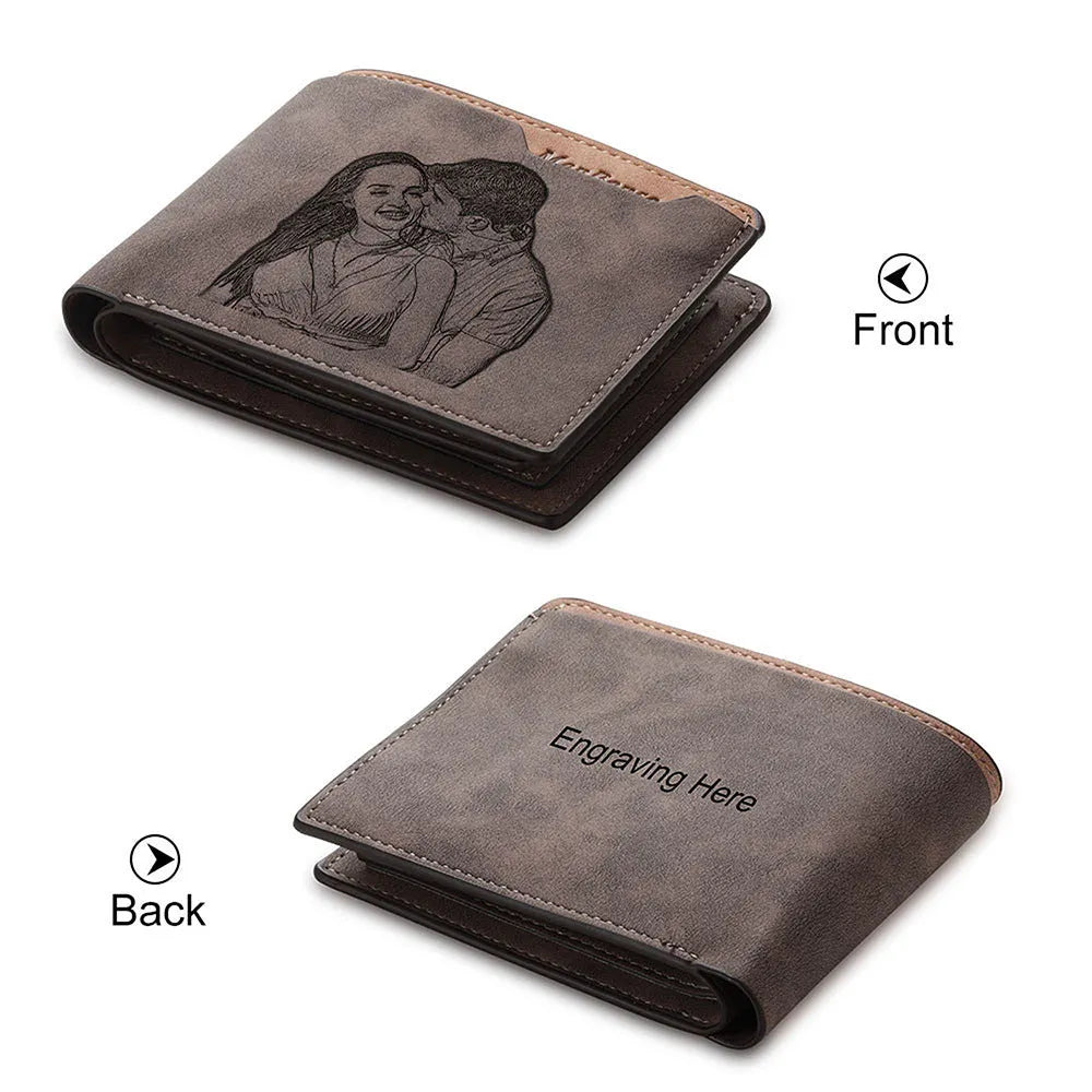 Engraved coffee-coloured PU horizontal wallet showing personalised lettering.