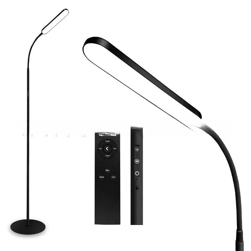 Black LED floor table lamp with plastic shade, three-colour dimming and infrared remote control, 24V