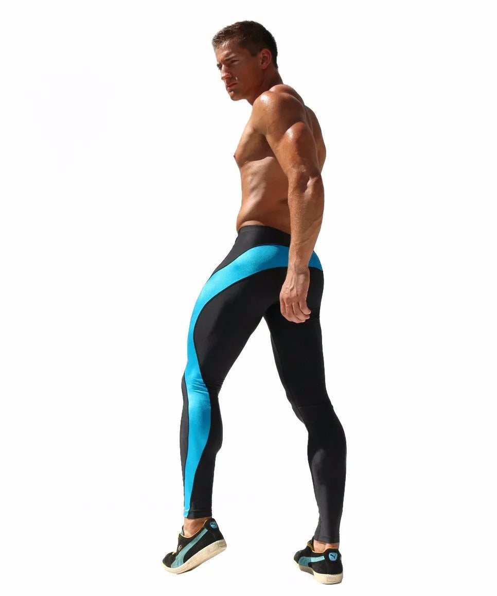 Men's skinny joggers in green or blue, 90% polyester 10% spandex, sport training pants with 28-34 inch waist.