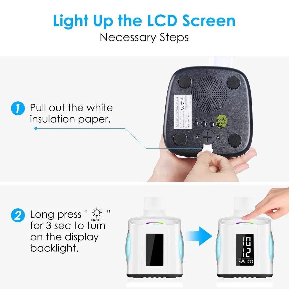 White 7-in-1 LED desk lamp with USB port, LCD screen, calendar, pen holder and colour night light base