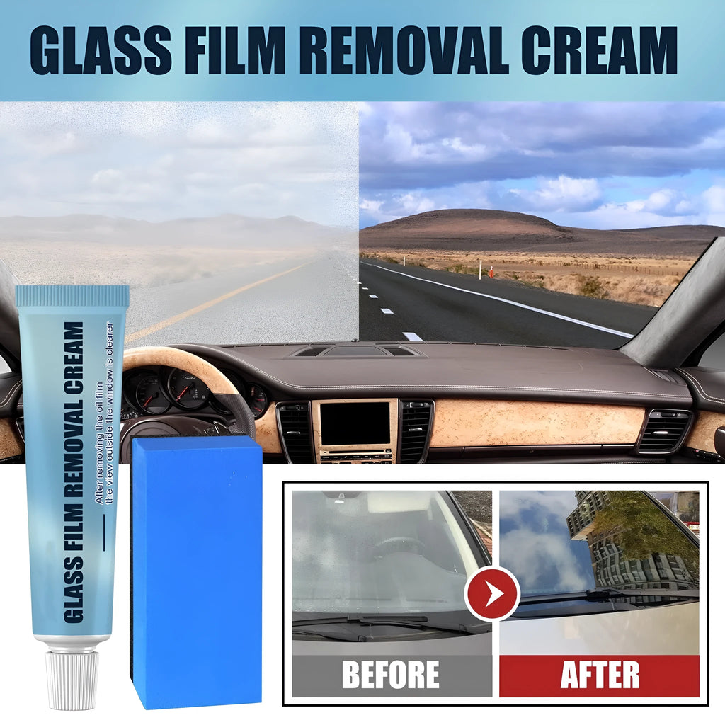 Blue car glass oil film remover bottle with a soft sponge applicator for cleaning windscreens and windows.