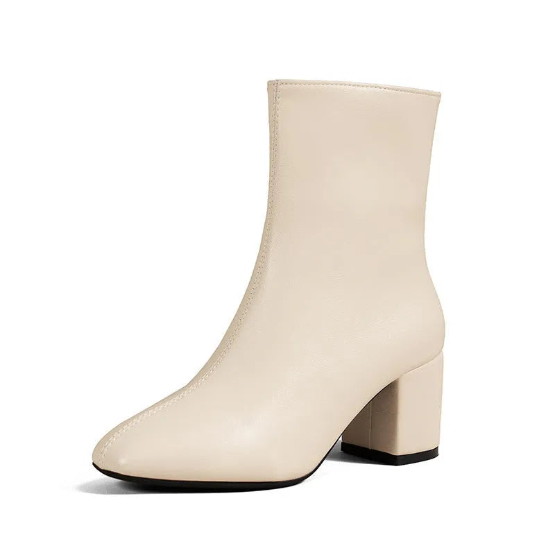 Women's chunky heel pointed toe mid-calf boots with side zipper in black shiny leather