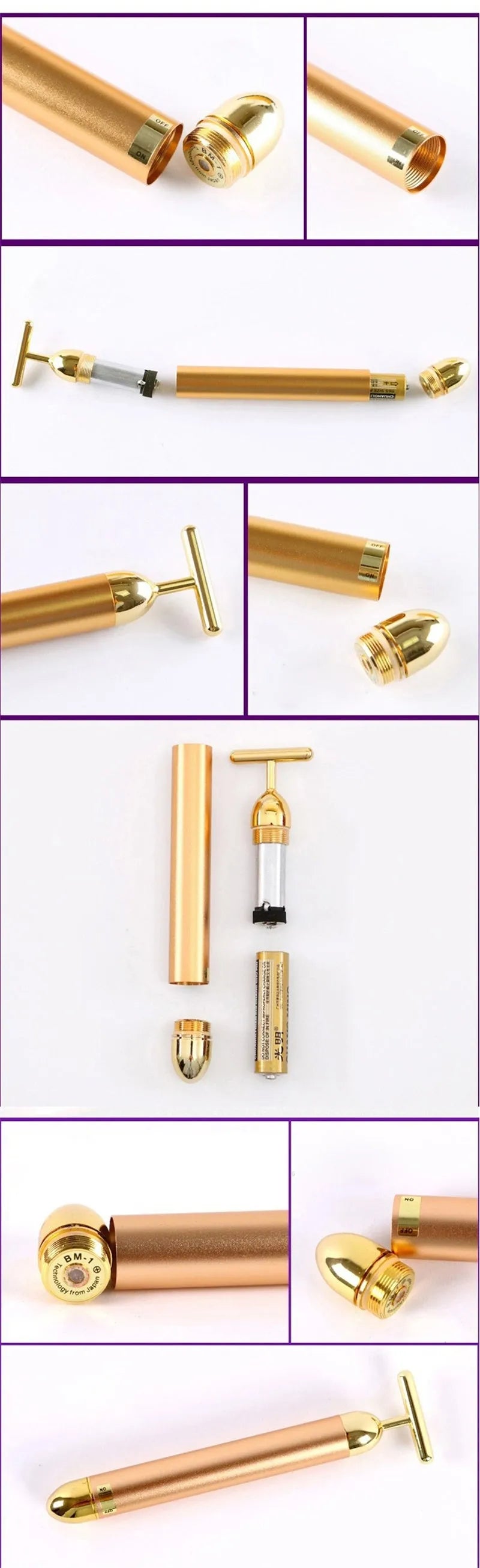 24K gold vibration pulse facial beauty bar for skin firming and wrinkle reduction, showing a stick massager with gold head