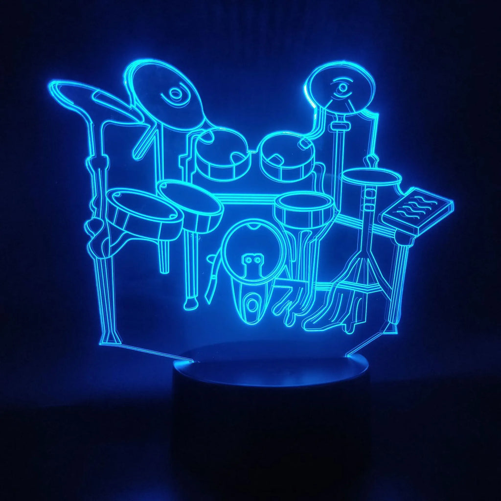 3D acrylic drum kit night light with remote control showing seven colour options
