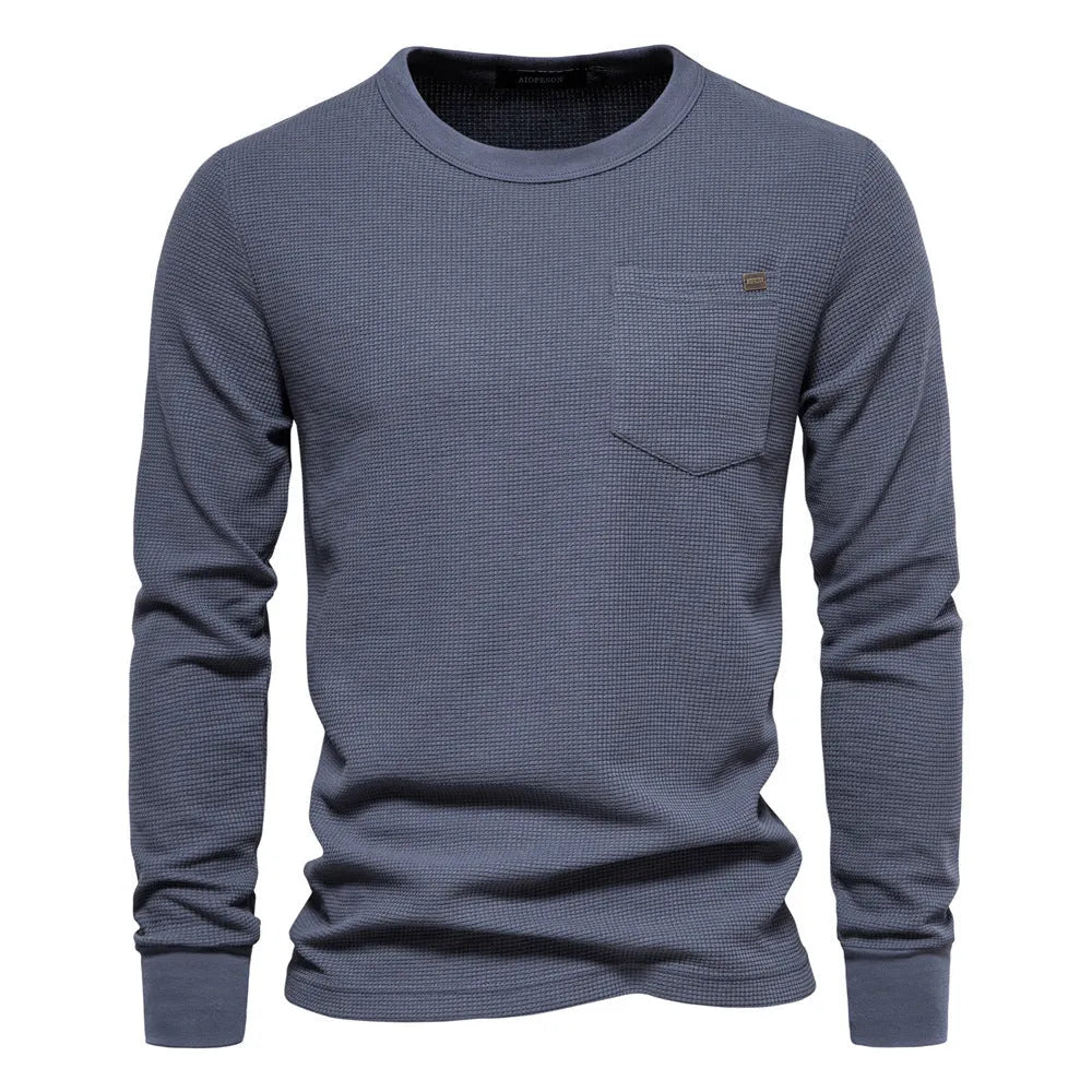 Men's round neck cotton waffle long sleeve top with pocket, available in multiple solid colours