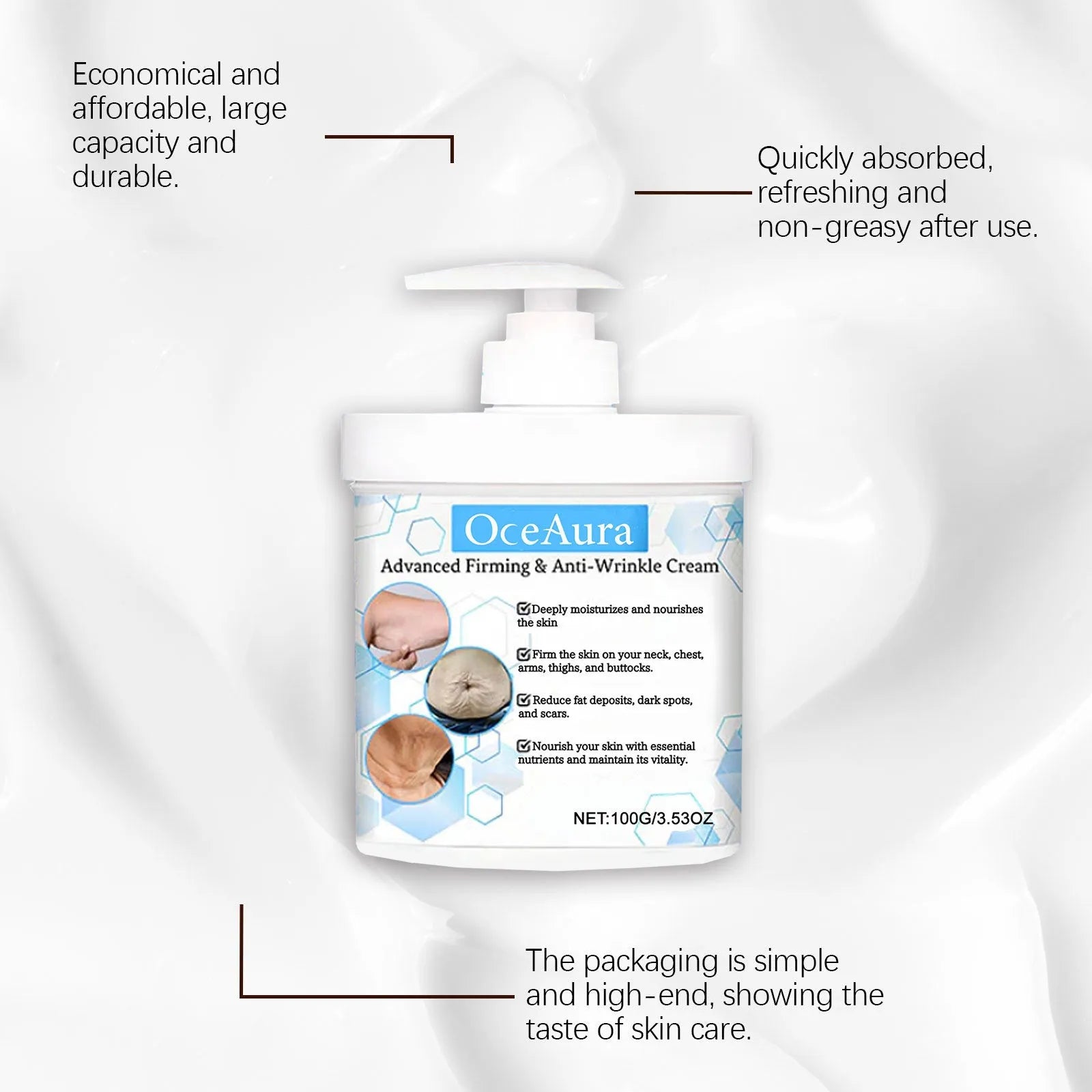 100g jar of body moisturiser cream with glycerin and hyaluronic acid.