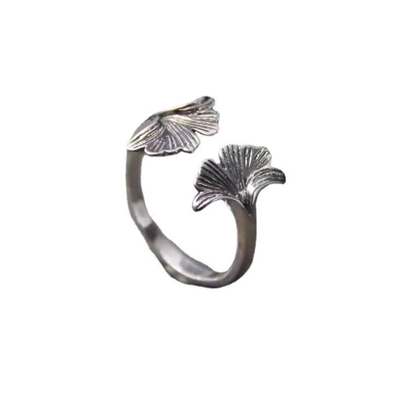 Vintage distressed ginkgo leaf ring in retro J02280 colour with copper base and adjustable open band