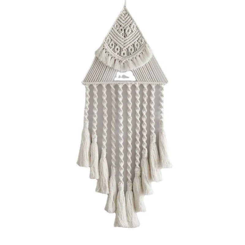 Handwoven triangle dream catcher pendant with cotton thread, wooden beads, and tassel, 29x45x72cm, brown colour