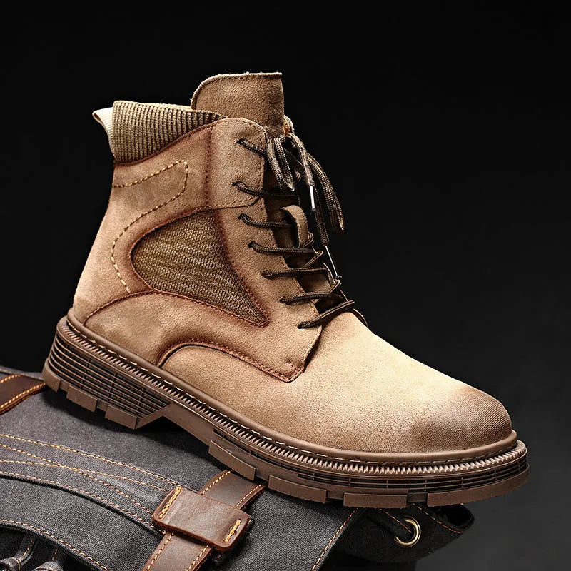 Men's vintage Martin boots in sand colour with frosted leather texture and thick rubber sole.