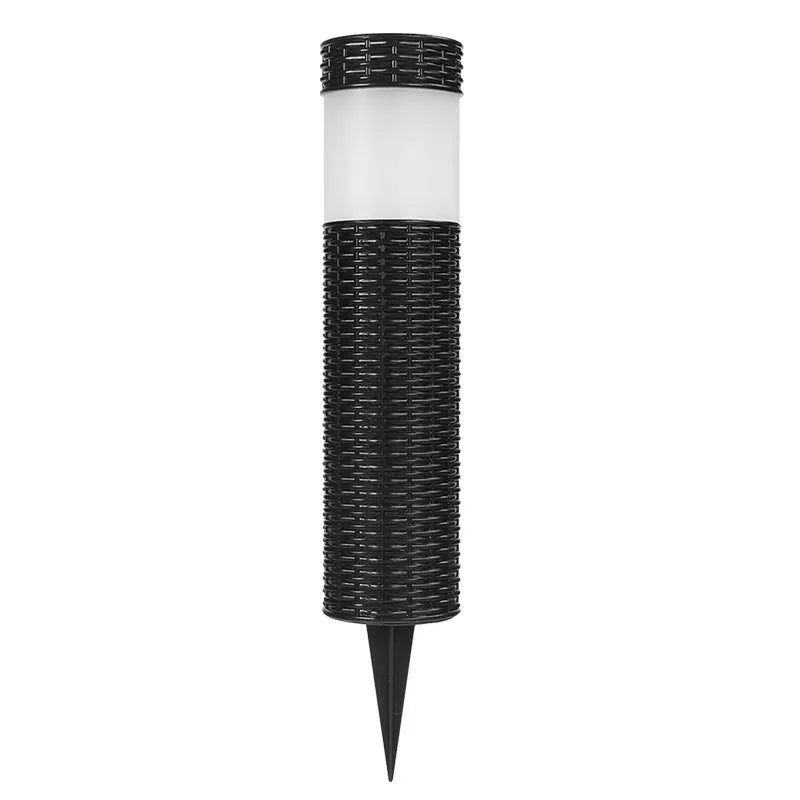 Modern abstract solar-powered outdoor garden light with waterproof casing.