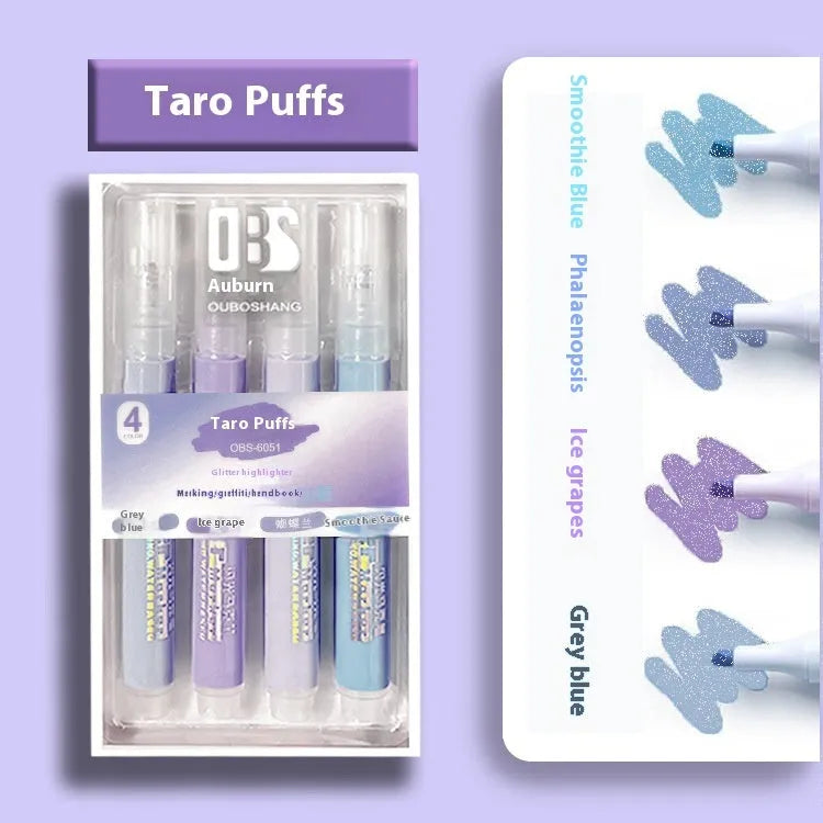 Set of four glitter fluorescent highlighter pens with slanted tips in assorted colours.